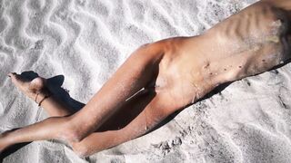 Stranger Finds a Perfect Tanned Skinny Brunette on a Nudist Beach and gives her a Hot Piss