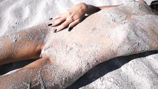 Stranger Finds a Perfect Tanned Skinny Brunette on a Nudist Beach and gives her a Hot Piss