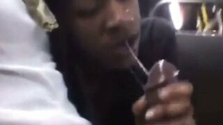 Ebony sucks bbc on public bus