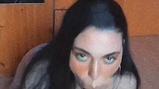 White slut sucking her BBC Dildo