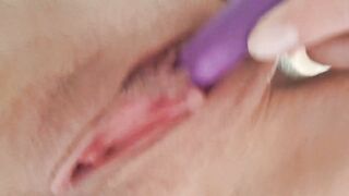 I caress the sweet clitoris with my fingers and a vibrator. sweet cum close up