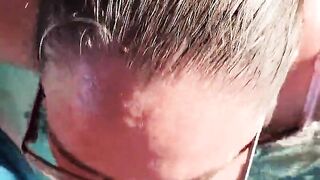 Wife's risky public blowjob and facial in a jacuzzi