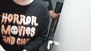 Slut walks around her apartment building topless with people nearby