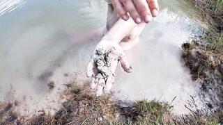 Unshaved Brunette Rubbing her Pussy with a Mud