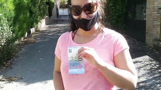 Stranger shows tits and sucks for money in the street