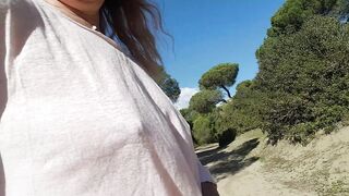 nippleringlover flashing pierced tits with stretched nipple piercings at public beach