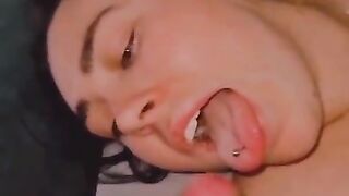 Fit brunette babe blows friends big cock and tastes cum pov