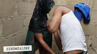 Big-titted Nigerian slut fucking in an uncompleted building.