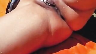 Girl drinks beer in the park. She rubs her pussy until she cums. Real Squirt Orgasm