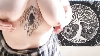 Beautiful plus size goth girl slaps ass and tits before sucking her own pierced nipples