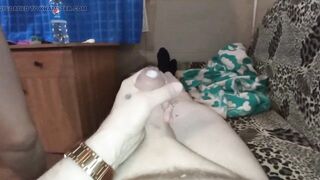 my husband finished. poured cum on himself.