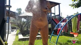 nippleringlover huge pierced nipples big nipple rings pierced pussy lips showering naked in garden