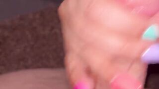 Multicoloured nails handjob with cumshot edging and milking