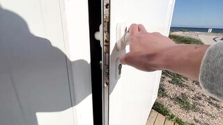 I surprise a girl who catches me jerking off in a public bathroom on the beach and helps me finish cumming