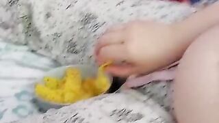 pride month munchies! ~ cute chubby girl eating chips and rubbing her squishy belly
