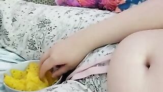 pride month munchies! ~ cute chubby girl eating chips and rubbing her squishy belly