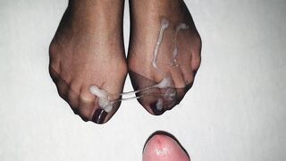 Slimy cumhot on black toes in black nylon socks