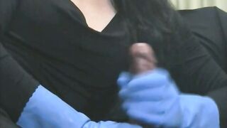 Smoking Wife in Blue Rubber Gloves Handjob 4