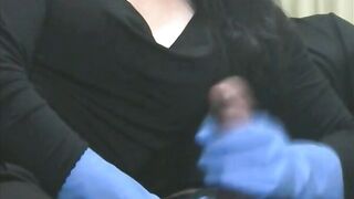 Smoking Wife in Blue Rubber Gloves Handjob 4
