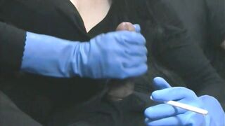 Smoking Wife in Blue Rubber Gloves Handjob 4