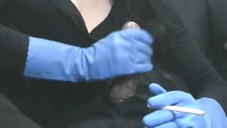 Smoking Wife in Blue Rubber Gloves Handjob 4
