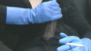 Smoking Wife in Blue Rubber Gloves Handjob 4