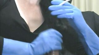 Smoking Wife in Blue Rubber Gloves Handjob 4