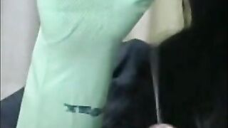 Smoking Wife in Green Rubber Gloves Handjob