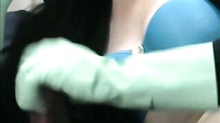 Smoking Wife in Green Rubber Gloves Handjob