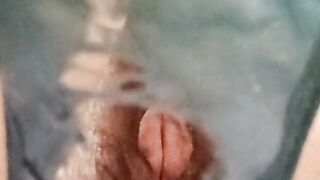 Big hairy pussy and old worn out panties with a huge hole.