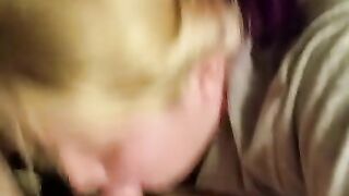 POV Blowjob and cum swallow with pussy flash