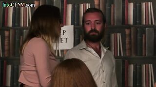 CFNM library femdoms suck cock in group BJ and HJ action