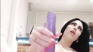 Horny girl moans with pleasure, masturbating with 2 super dildos at the same time????