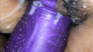 Hairy teen pussy needed extra lube to make this thick dildo fit