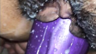 Hairy teen pussy needed extra lube to make this thick dildo fit