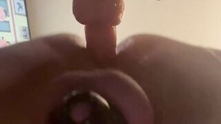 Hubby in chasity fucks himself doggy