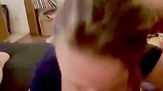 Sensual blowjob of a pretty French milf: big cumshot between Agathe's tits