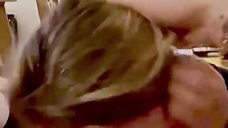Sensual blowjob of a pretty French milf: big cumshot between Agathe's tits