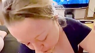 Sensual blowjob of a pretty French milf: big cumshot between Agathe's tits