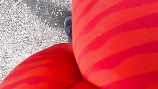 Desperate trail running girl sees how long she can hold her pee