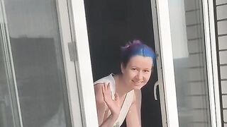 A neighbor girl washes windows without a bra and panties