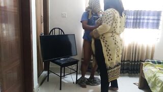 While an electrician is fixing TV, The Hot Woman wants to fuck him, then fuck her big ass and cum