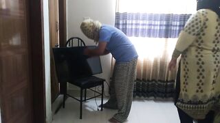 While an electrician is fixing TV, The Hot Woman wants to fuck him, then fuck her big ass and cum