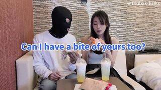 Feeding him a hamburger mouth-to-mouth! Handjob with deep kiss, his dick is harder than ever before