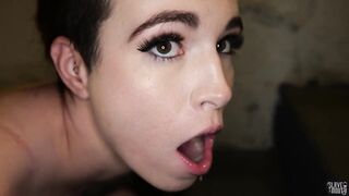 Beautiful petite sperm slut Brooke Johnson slurps her dom's cum off the filthy stairs
