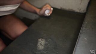 Beautiful petite sperm slut Brooke Johnson slurps her dom's cum off the filthy stairs