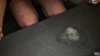 Beautiful petite sperm slut Brooke Johnson slurps her dom's cum off the filthy stairs