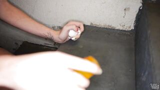 Beautiful petite sperm slut Brooke Johnson slurps her dom's cum off the filthy stairs