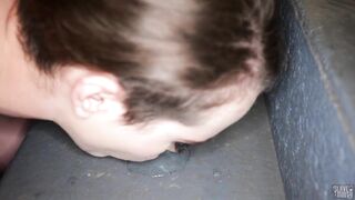 Beautiful petite sperm slut Brooke Johnson slurps her dom's cum off the filthy stairs