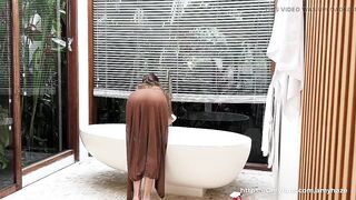 Cleaning Bathroom with Sexy Brunette in Transparent Robe without Underwear ✨ Amy Haze